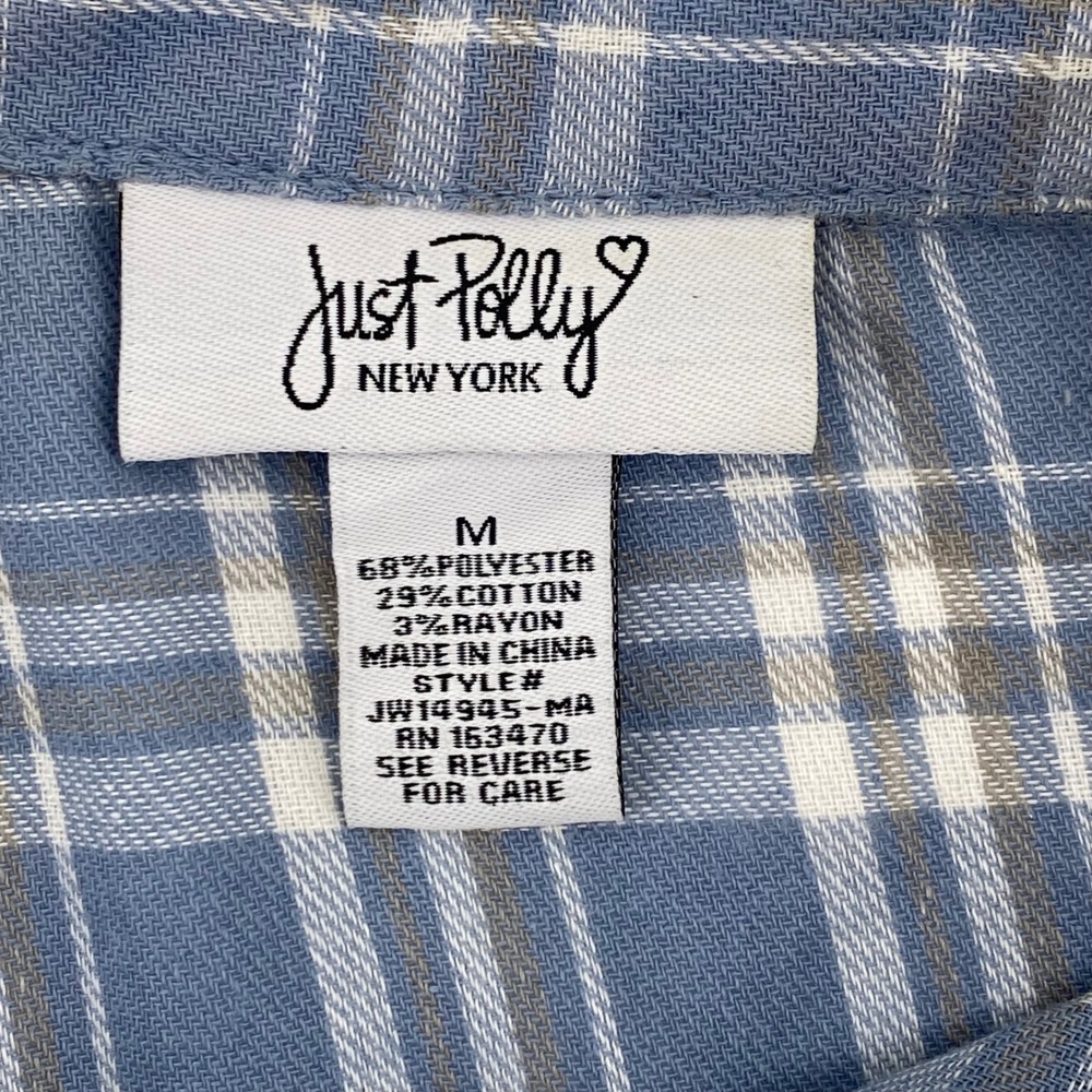 Just Polly New York Plaid Flannel Button Down Shirt Blue White Medium - Picture 2 of 5